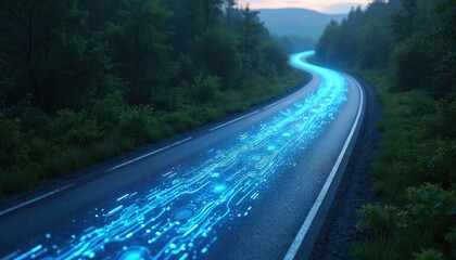 Fototapeta premium Highway road with digital data stream flows through forest. Digitalization modern tech road to future. Information, transport network, infrastructure. Abstract scenery of fast data transmission on