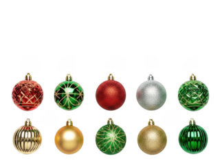 Colorful christmas baubles set - red, green, gold, and silver ornaments