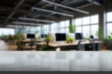 white desk top with blurry office space background