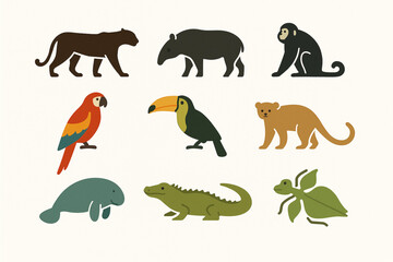 Fototapeta premium Belize Wildlife Icon Set with Jaguars, Monkeys, Birds, and Tropical Animals