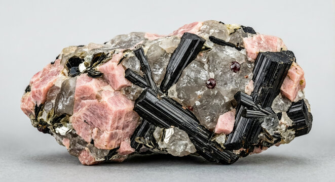 A collectible geological specimen of coarse grained granite pegmatite specimen featuring large prismatic black schorl tourmaline crystals within a white feldspar and quartz matrix
