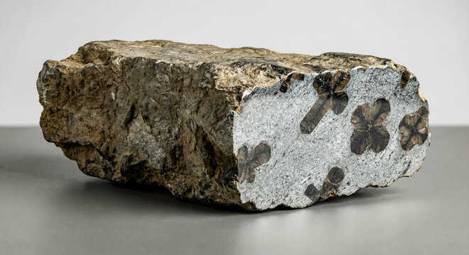 Metamorphic chiastolite schist specimen from Namibia displaying dark carbonaceous cross shaped inclusions in andalusite crystals.