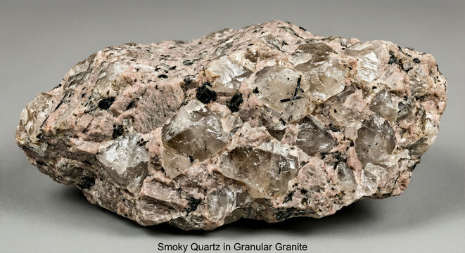 Translucent smoky quartz crystals embedded within a granular granitic rock matrix