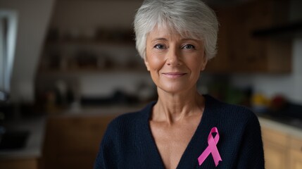 Senior woman wearing pink breast cancer awareness ribbon pin smiling in home kitchen portrait