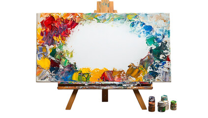 Wooden easel with colorful oil paint smears on canvas and three paint tubes on white background isolated on a transparent background