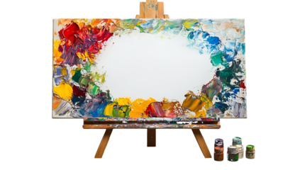 Wooden easel with colorful oil paint smears on canvas and three paint tubes on white background isolated on a transparent background