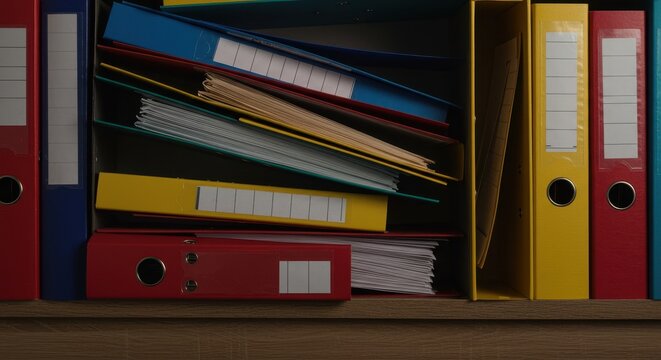 A colorful collection of organized file folders symbolizing important document management, business administration, and archival processes, collection, records, administration