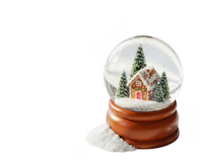 Enchanting christmas snow globe with cozy cottage and pine trees