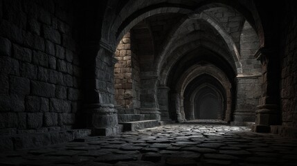 Fototapeta premium Mysterious Corridor With Stone Arches and Shadows Creates an Atmosphere of Intrigue in a Medieval Castle Setting