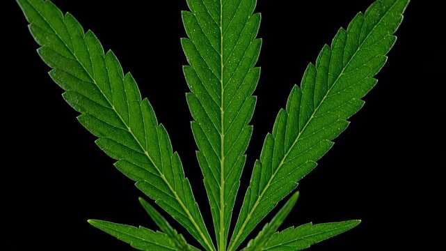 Cannabis sativa leaf unfolding its leaflets. Fresh green marijuana plant growing process isolated on a black background, close up view