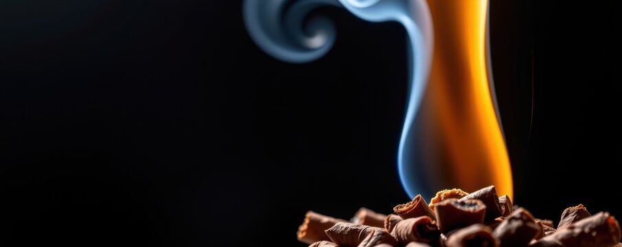 Cigar butt smoldering with wisps of smoke against a stark black background, evoking a sense of finality and lingering atmosphere, macro, burnt