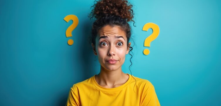 Young woman with surprised expression looks at camera. Question marks float near her head against a bright blue background. She wears a yellow shirt.