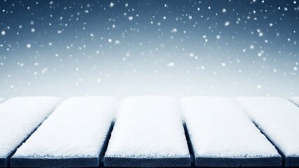 Snow falling on wooden planks against blue background falling snow winter