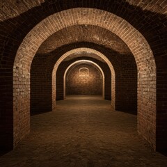 Naklejka premium Inside a historic, arched stone vault cellar, showing intricate brickwork and the cool, dark atmosphere ideal for long-term storage ,arch ,repository ,preservation
