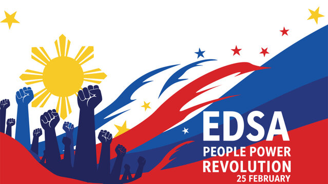 EDSA People Power Revolution commemorative graphic features raised fists against the background of the Philippine flag colors and national sun symbol.
