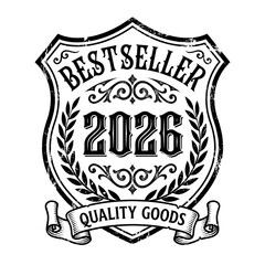 Bestseller 2026 vintage badge, isolated against white background.