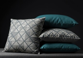 Fototapeta premium Stylish arrangement of decorative pillows combining geometric patterns and plush textures for modern and inviting living room aesthetics, cozy, pillow, furniture