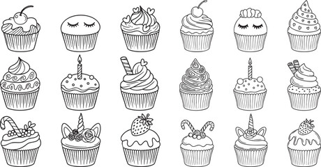 cute cupcake line art set &ndash; hand drawn bakery desserts for coloring pages and clipart