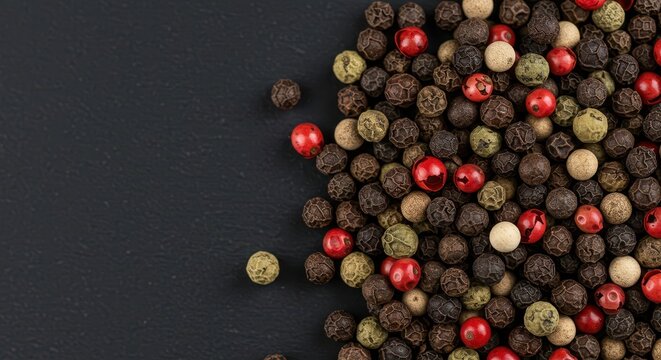 Vibrant whole marble peppercorns mixed together, featuring a beautiful array of natural colors used as aromatic seasoning for gourmet dishes ,fresh ,kitchen staple ,blend
