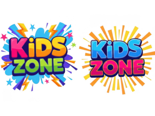 Vibrant kids zone logos with colorful explosions and stars