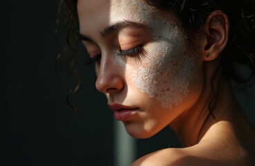 Fototapeta premium Young woman face with vitiligo and skincare mask applied gently. Sunlight highlights her features, skin texture is visible. She appears thoughtful and serene in quiet contemplation.