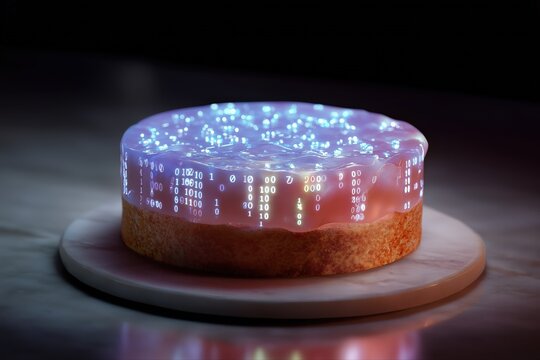 Futuristic glowing cake with digital code topping display