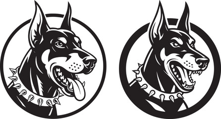doberman dog head logo line art &ndash; aggressive guard dog emblem in black and white