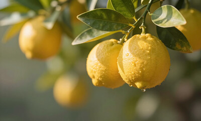 warm sunbeam illuminates branch citrus fruits soft diffuse sunlight filtering leaves casting intricate shadows