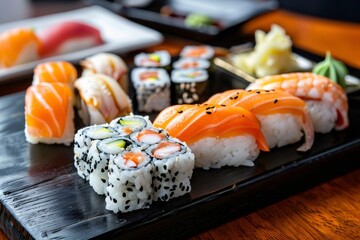 Fresh sushi platter featuring various nigiri and maki rolls