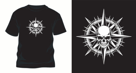 Human skull on vintage compass rose nautical emblem for maritime adventure print