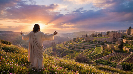 Jesus stands on a flowery hill, arms outstretched towards the sunset over ancient terraced fields and historical stone structures, symbolizing hope, blessing, and divinity.