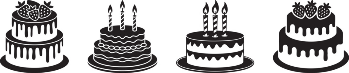 birthday cake silhouette set &ndash; black and white celebration desserts with candles and strawberries
