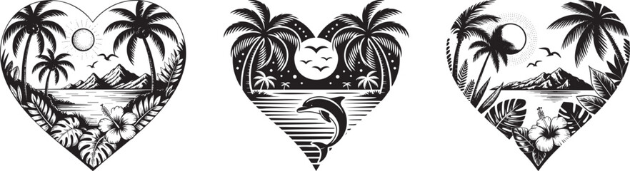 tropical heart island silhouette set &ndash; palm tree beach landscape love symbols in black and white