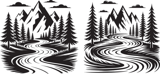 mountain river landscape silhouette set &ndash; pine forest wilderness illustration in black and white