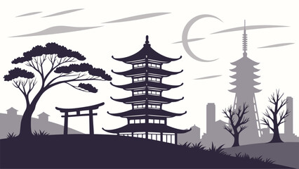 Fototapeta premium a beautiful landscape featuring a japanese pagoda torii gate and city skyline in silhouette high quality