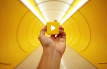 Hand holds yellow play button icon in abstract yellow tunnel. Start video playback, content creation, or online media engagement with this simple graphic.