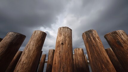 Weathered wooden posts stand tall against a dramatic stormy sky creating an ominous and atmospheric scene