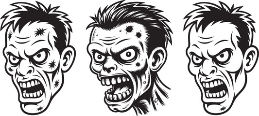 angry zombie head line art set &ndash; horror undead faces in black and white illustration