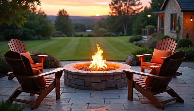 Cozy backyard scene features fire pit with stone surround. Wooden chairs with orange pillows arranged around. Scenic lawn stretches toward trees. Sunset in background. Relaxation with friends, family