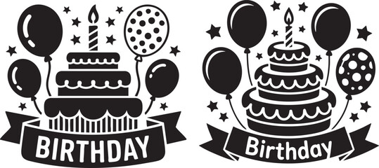 birthday cake banner silhouette set &ndash; celebration party cakes with balloons and candles in black and white