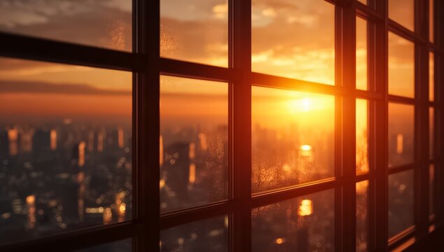 City skyline is visible through a window with a large sun in the sky. The sun is setting