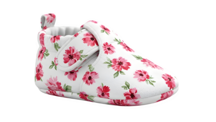 A baby bootie with pink flowers isolated on transparent background
