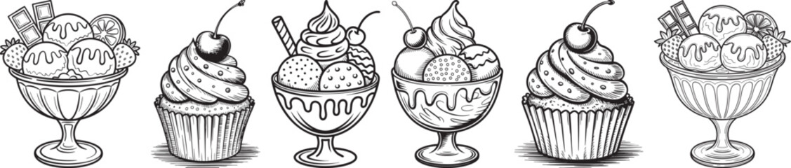 ice cream dessert line art set &ndash; hand drawn cupcakes and sundae bowls in black and white