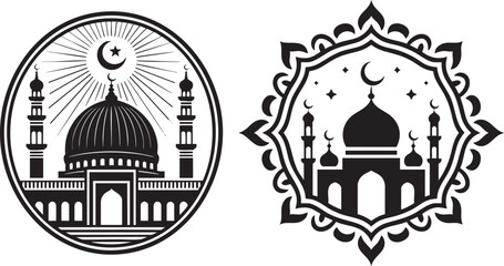 islamic mosque emblem line art set &ndash; crescent moon masjid badges in black and white