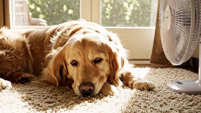 Adorable golden retriever feeling hot and panting, then relaxing and falling asleep in front of an electric fan cooling down at home