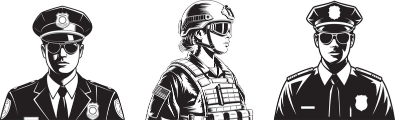 law enforcement officer line art set &ndash; police and tactical security portraits in black and white