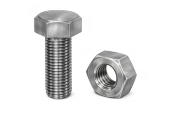 Metal hex head bolt and matching nut on transparent background, showing construction hardware fastening elements