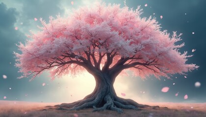 Large tree with pink flowers against a cloudy sky. Pink petals fall down. Big tree roots are visible on the ground. Nature view of blooming spring season.