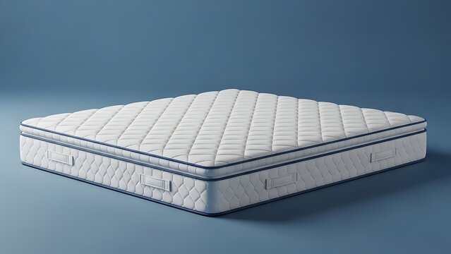 White mattress with blue trim on blue background