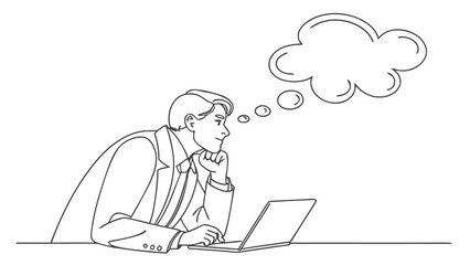 A man thoughtfully pondering ideas while working on a laptop illustrated with a unique silhouette